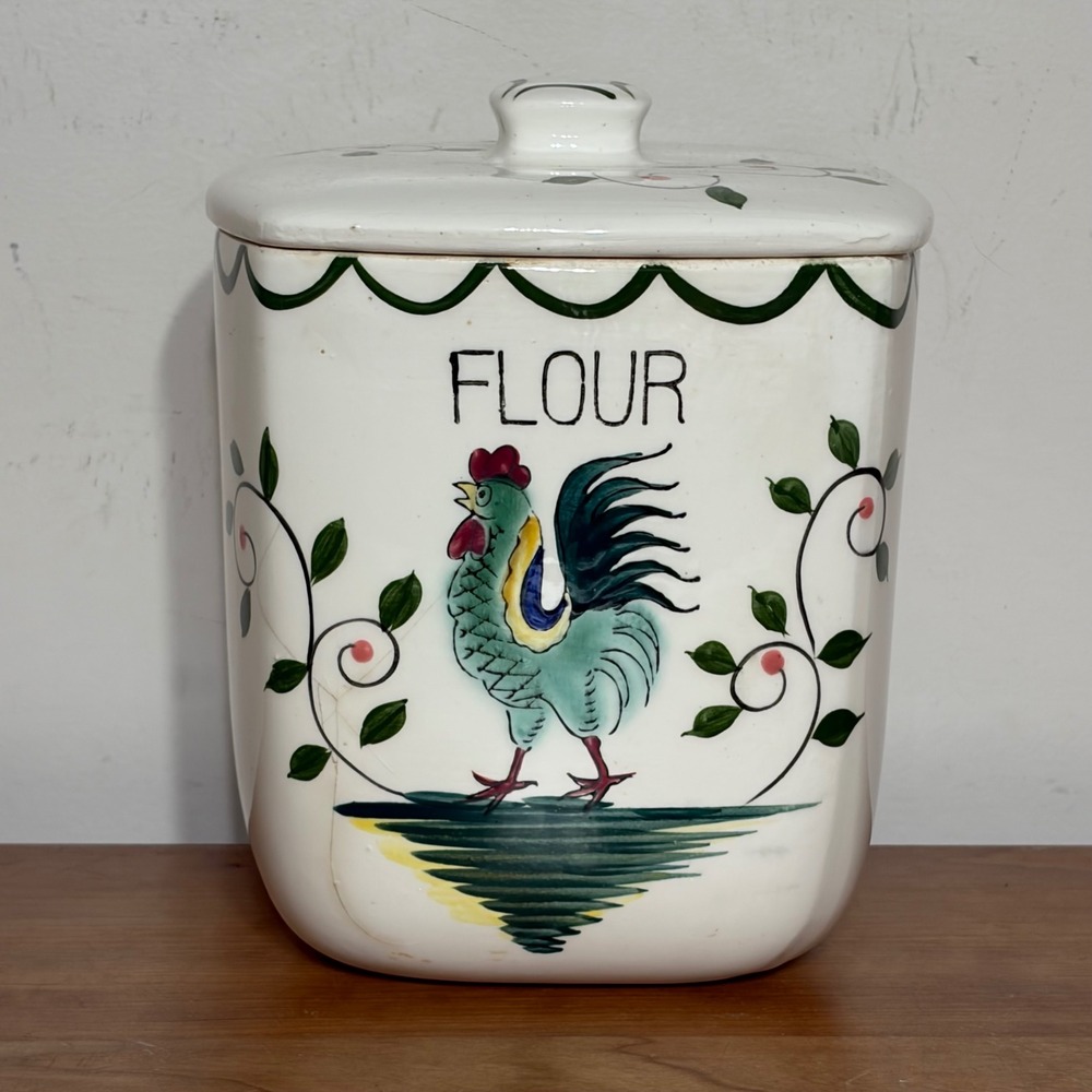 Vintage Ceramic Flour Canister Rooster Farmhouse Kitchen Jar with Lid 8 inch